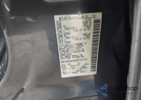 2004 Nissan Pathfinder Armada Le z USA, uszkodzony, nr VIN 5N1AA08AX4N715175